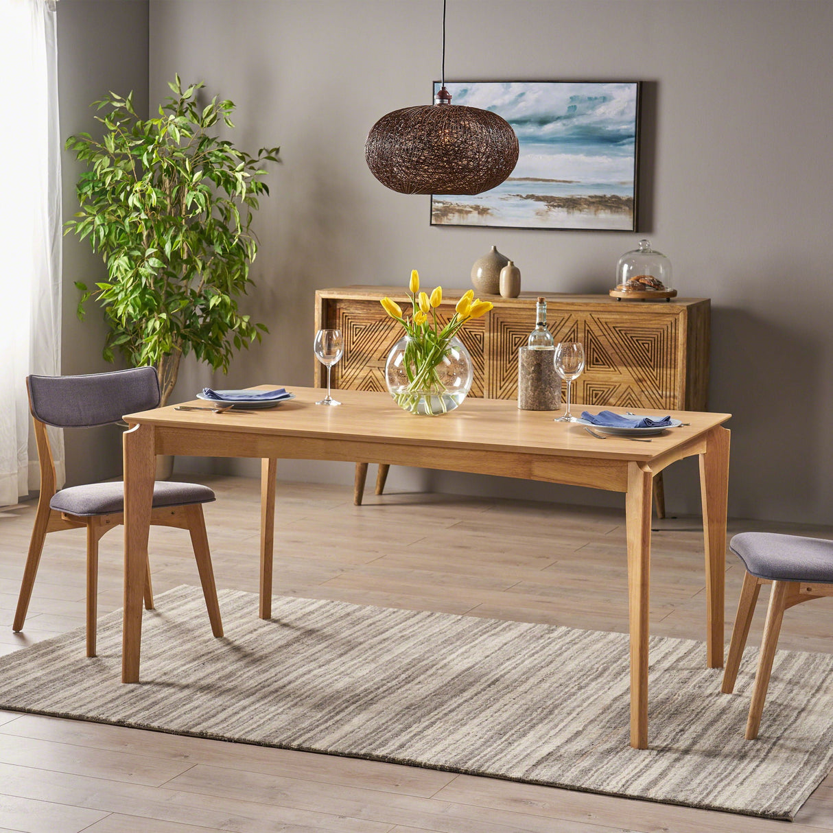 Mid Century Dining Table, Rubberwood With Walnut Veneer - Natural Oak - Best Buy Furniture