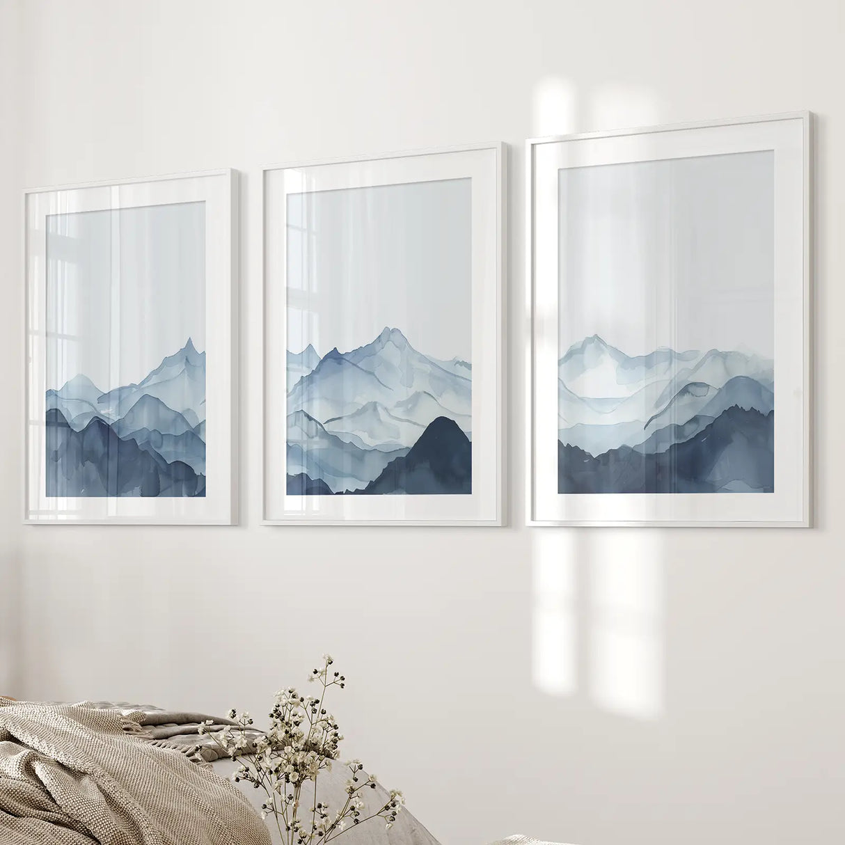 Blue Abstract Watercolor Mountain 3 Piece Decor