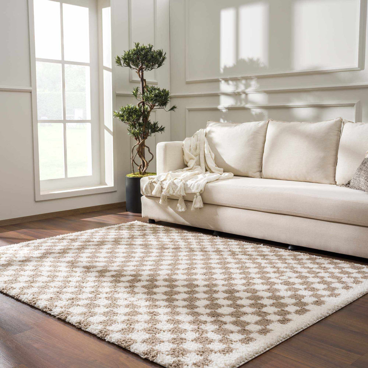 Boutique Rugs Kieu Taupe Checkered Shag Rug - view 4