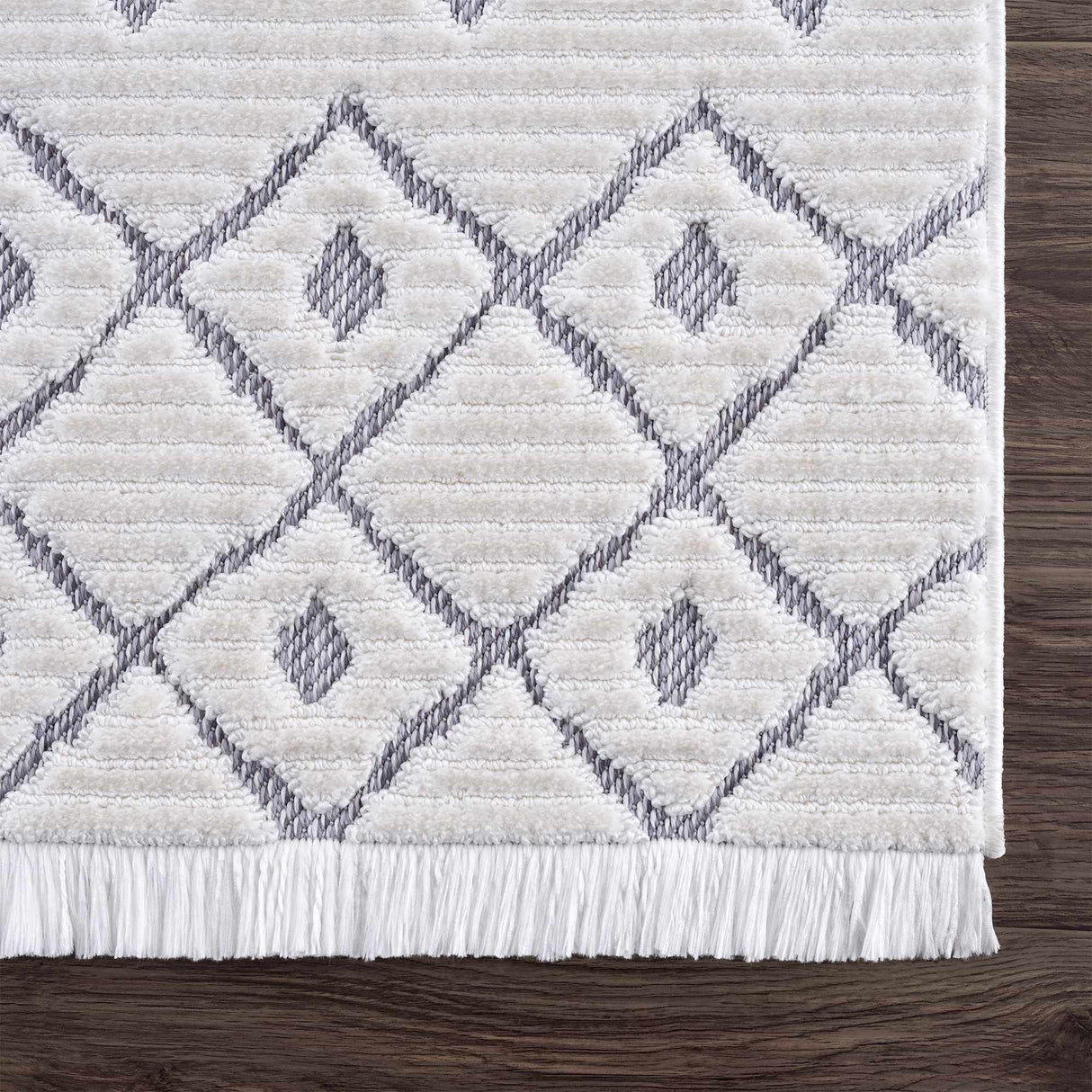 Ivory Gray Beil Textured Trellis Fringe Area Rug - Clearance