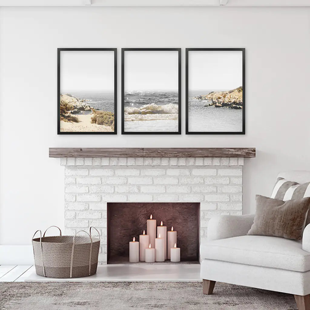 3 Piece Beige Ocean Beach Decor. Gray Waves with Rocks Wall Art