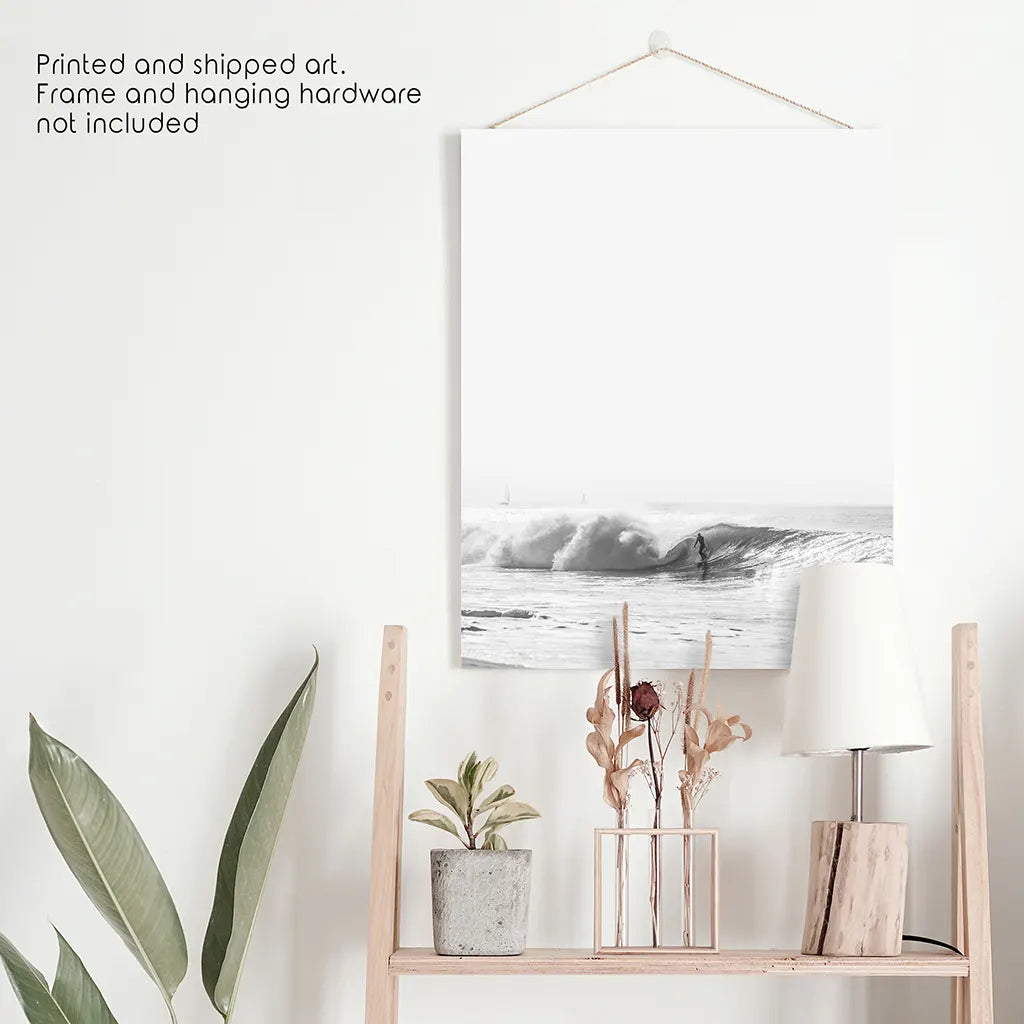 Black White Boho Tropical Wall Decor. Surfer, Waves