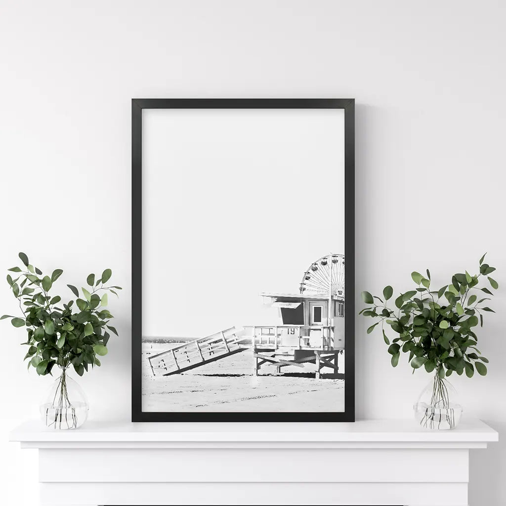 Black White California Poster. Ferris Wheel, Lifeguard Hut