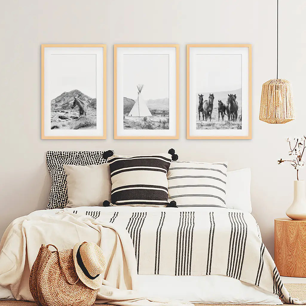 Black White Western Wall Art Set. Desert, Horses, Tepee