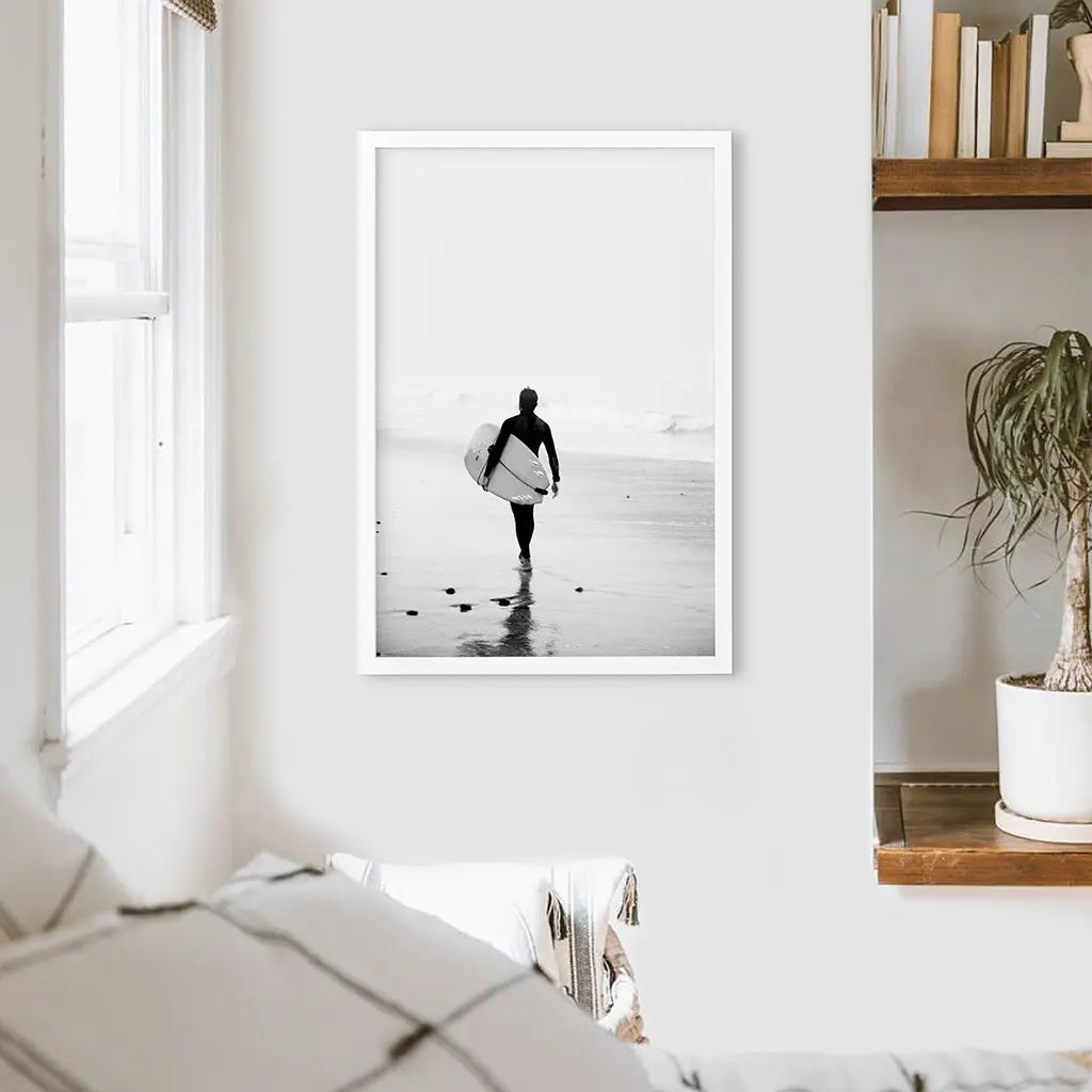 Black White Modern Surfer Photo. Coastal Style Print