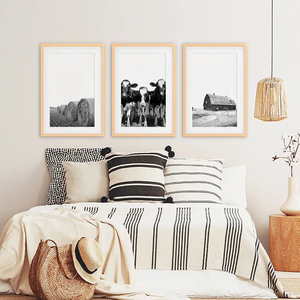 Black White Harvest on a Farm Wall Art. Cow, Hay Bale, Barn