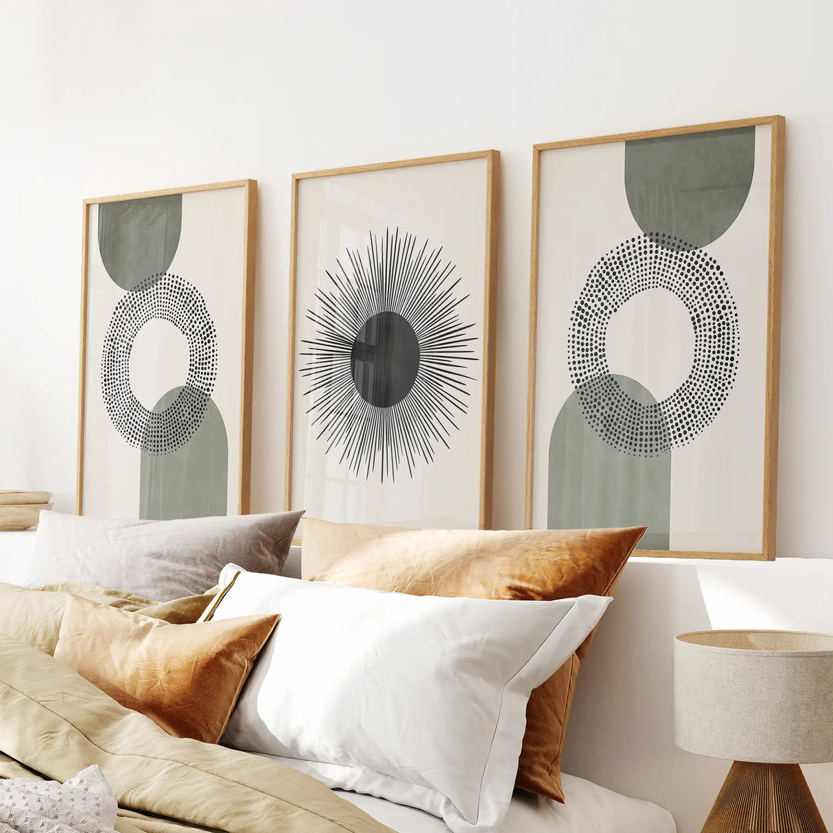 Set of 3 Boho Prints. Sage Green Modern Mid Century Wall Art.