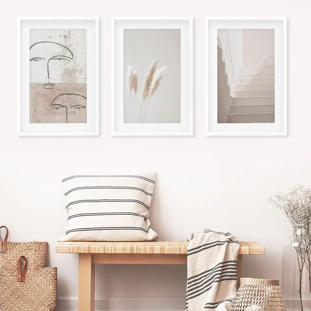 Boho Minimalist Wall Art Set. Abstract Faces, Grass, Stairs