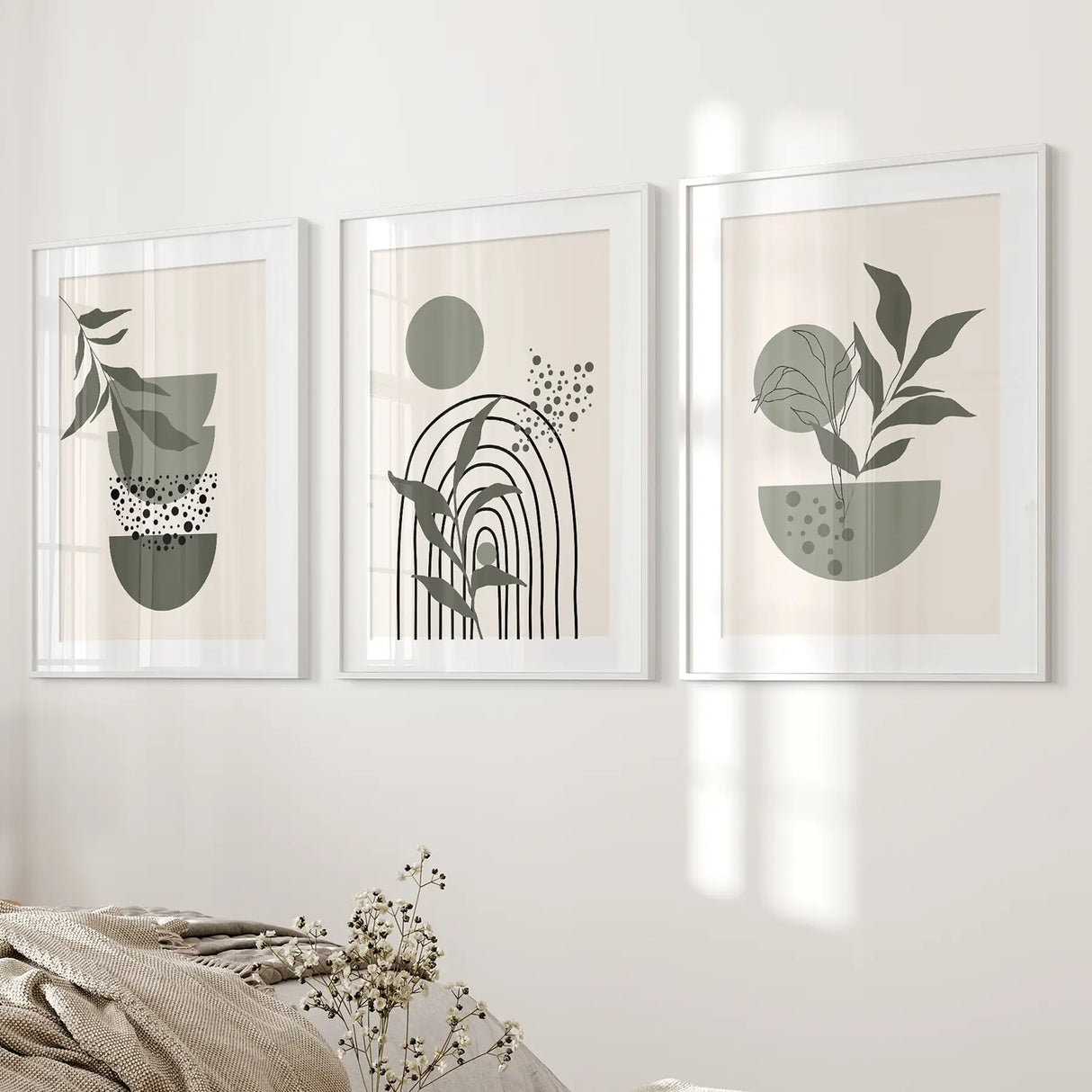 3 Piece Boho Wall Art Prints. Green Mid-Century Abstract Decor