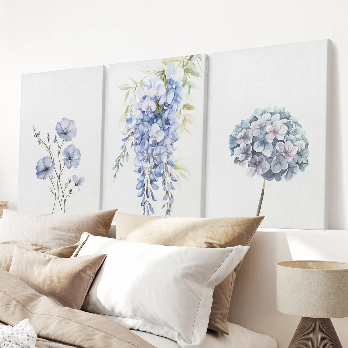 Set of 3 Blue Watercolor Minimalist Flowers Prints