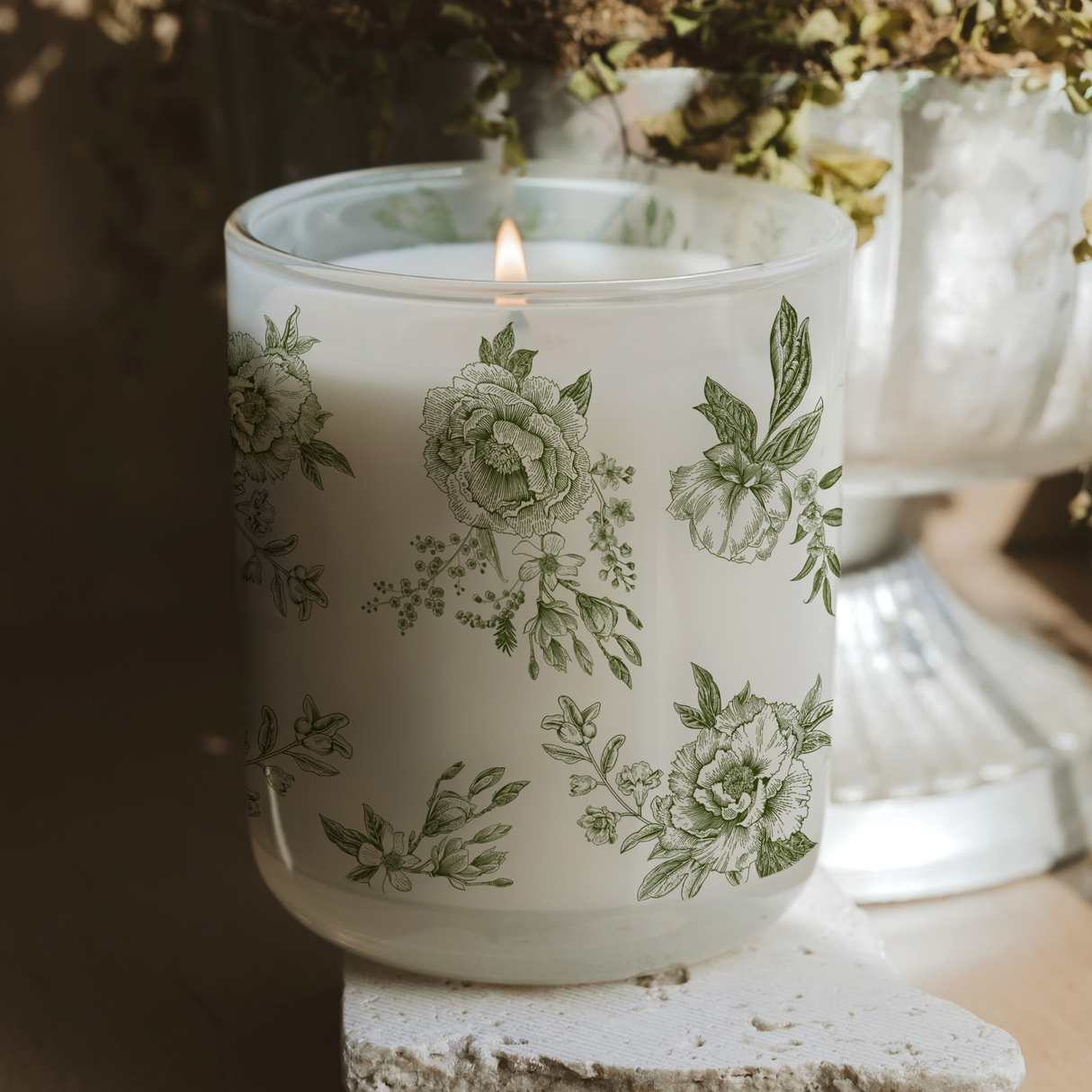 Green Delft Soy Candle - White Translucent Tinted Glass Jar - 12 oz