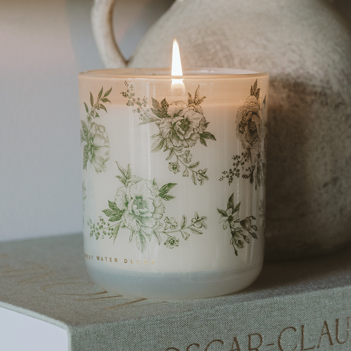 Green Delft Soy Candle - White Translucent Tinted Glass Jar - 12 oz