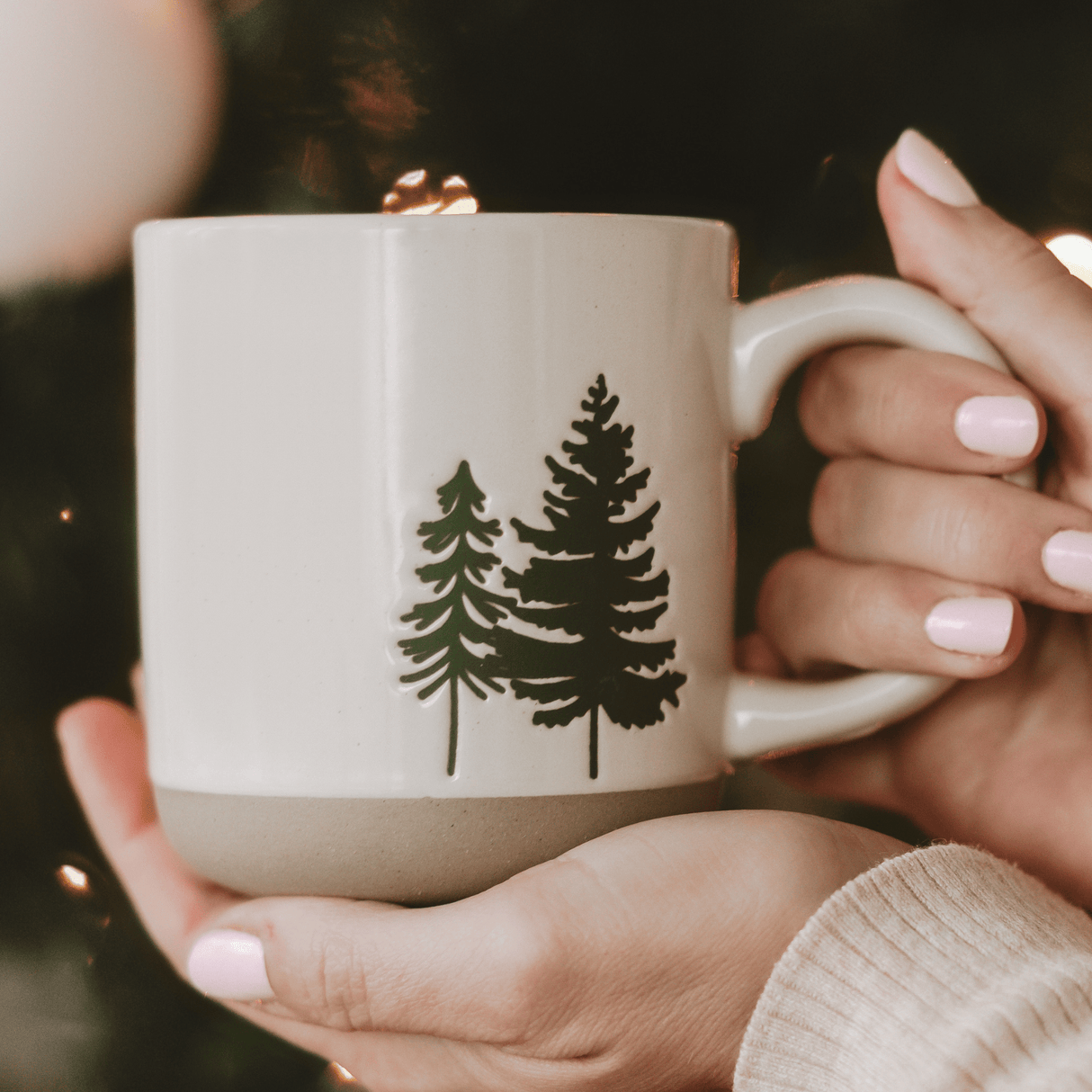 Green Trees 14oz. Cream Stoneware Coffee Mug