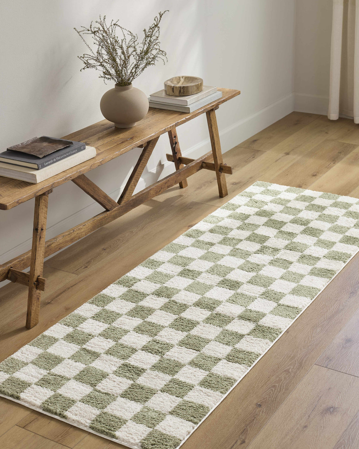 Canika Green Checkered Washable Plush Rug