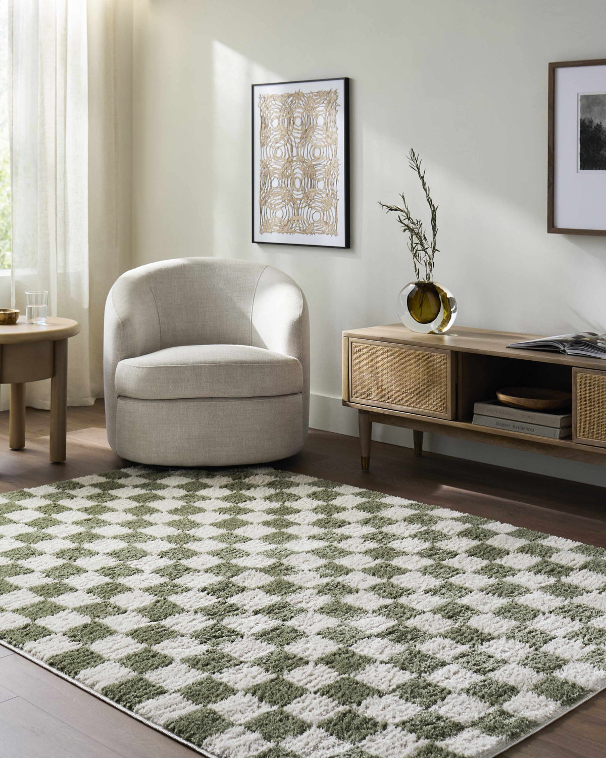 Canika Green Checkered Washable Plush Rug