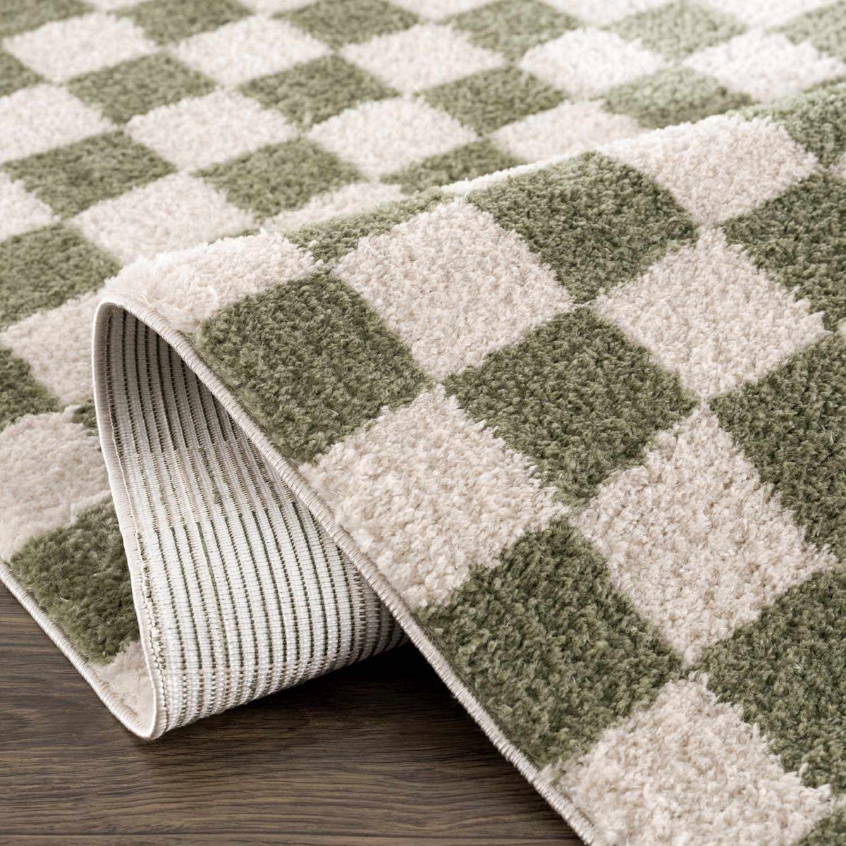 Canika Green Checkered Washable Plush Rug