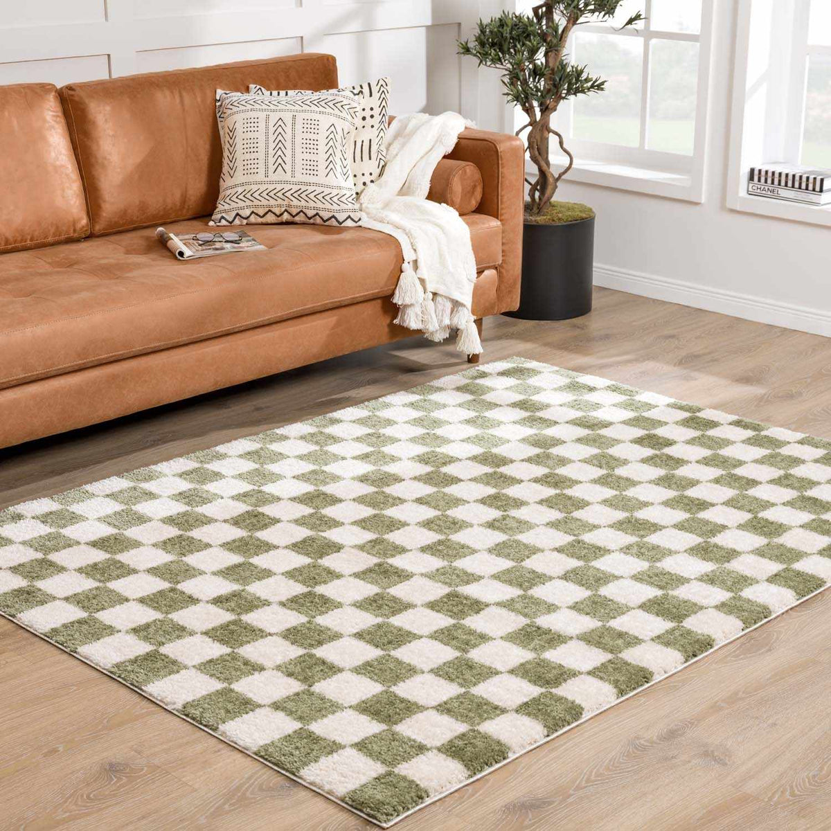Canika Green Checkered Washable Plush Rug