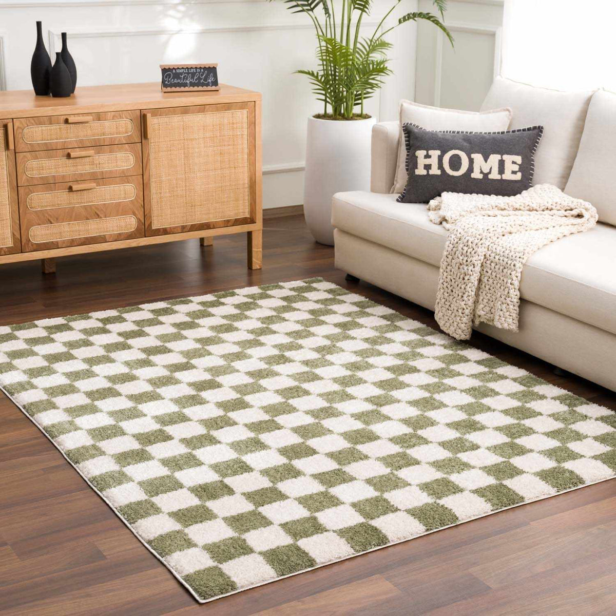 Canika Green Checkered Washable Plush Rug