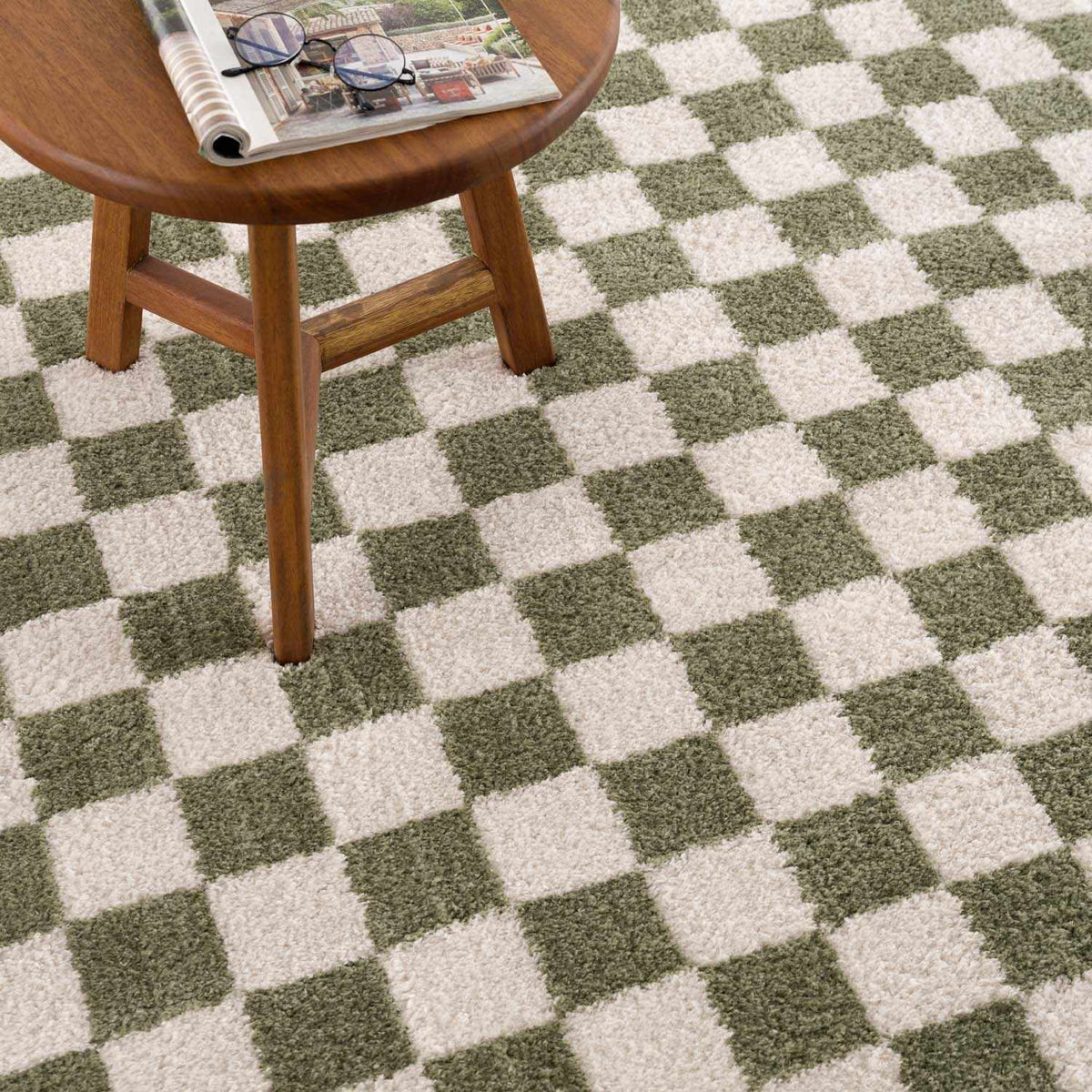 Canika Green Checkered Washable Plush Rug