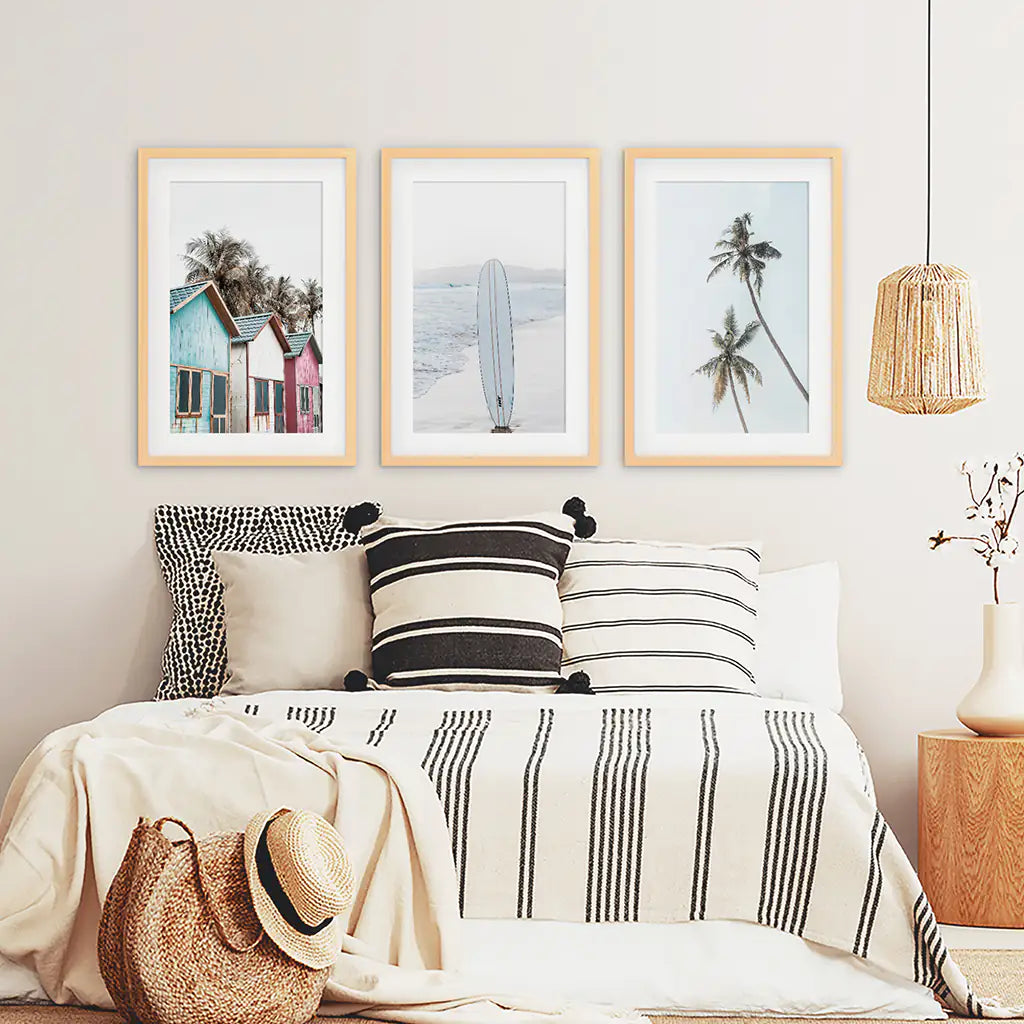 California Boho Wall Art. Surfboard, Palms, Beach, Cabins