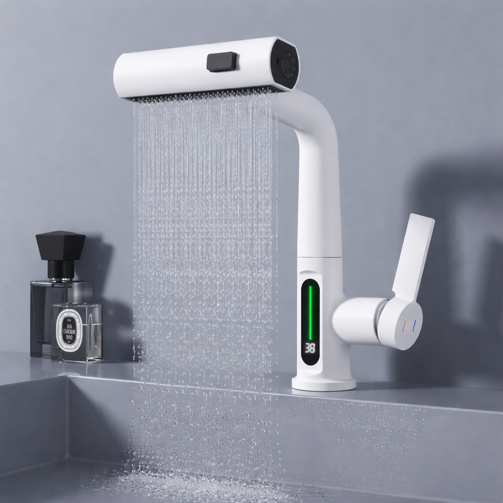 Pull Out Waterfall Kitchen Faucet Digital Display Hot Cold Mixer Sink Tap