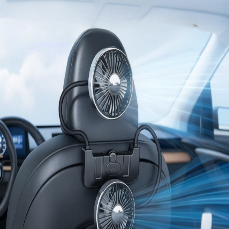 Car Rear Seat Fan Dual Head USB-C 360° Rotation 3-Speed