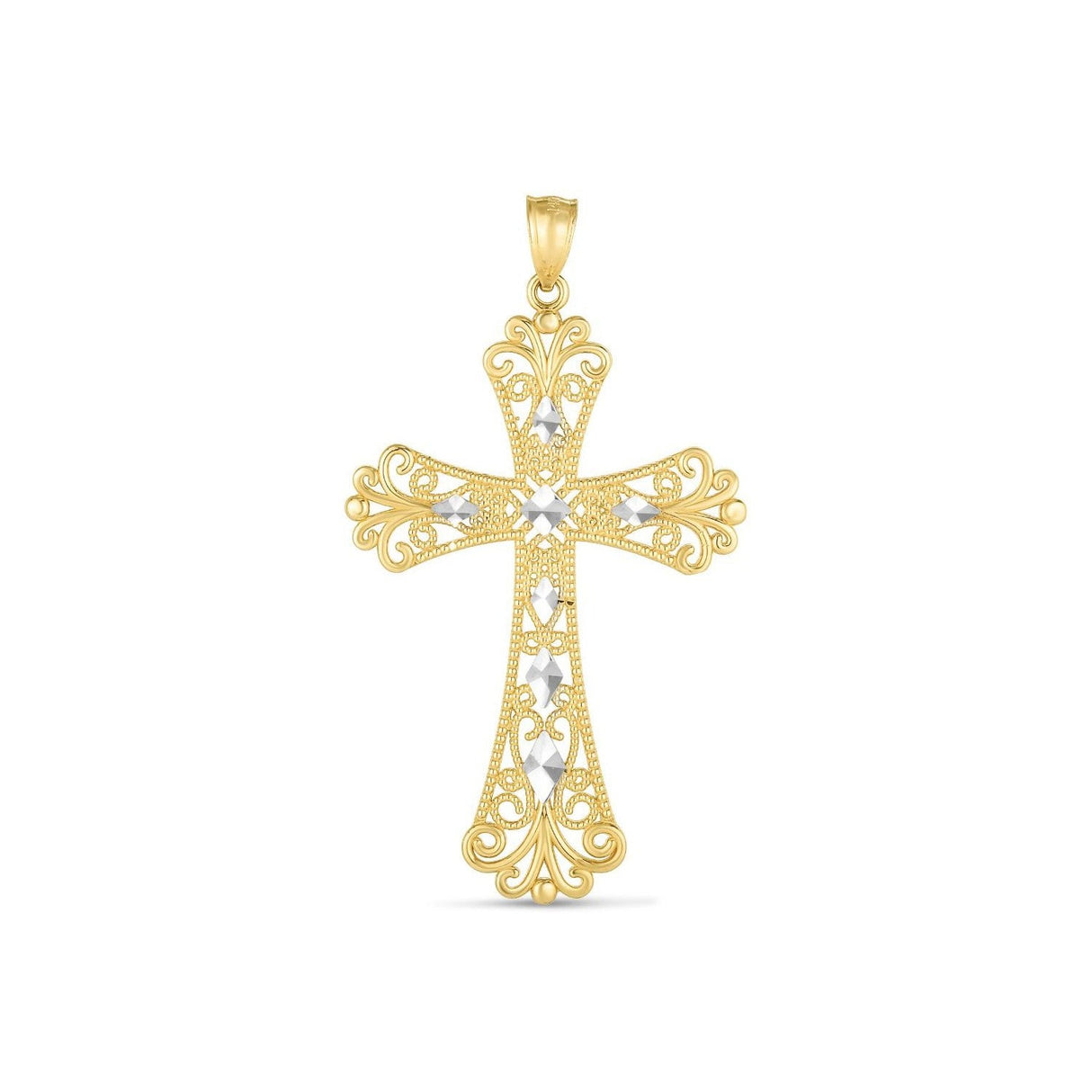 14k Two Tone Gold High Polish Diamond Cut Cross Pendant