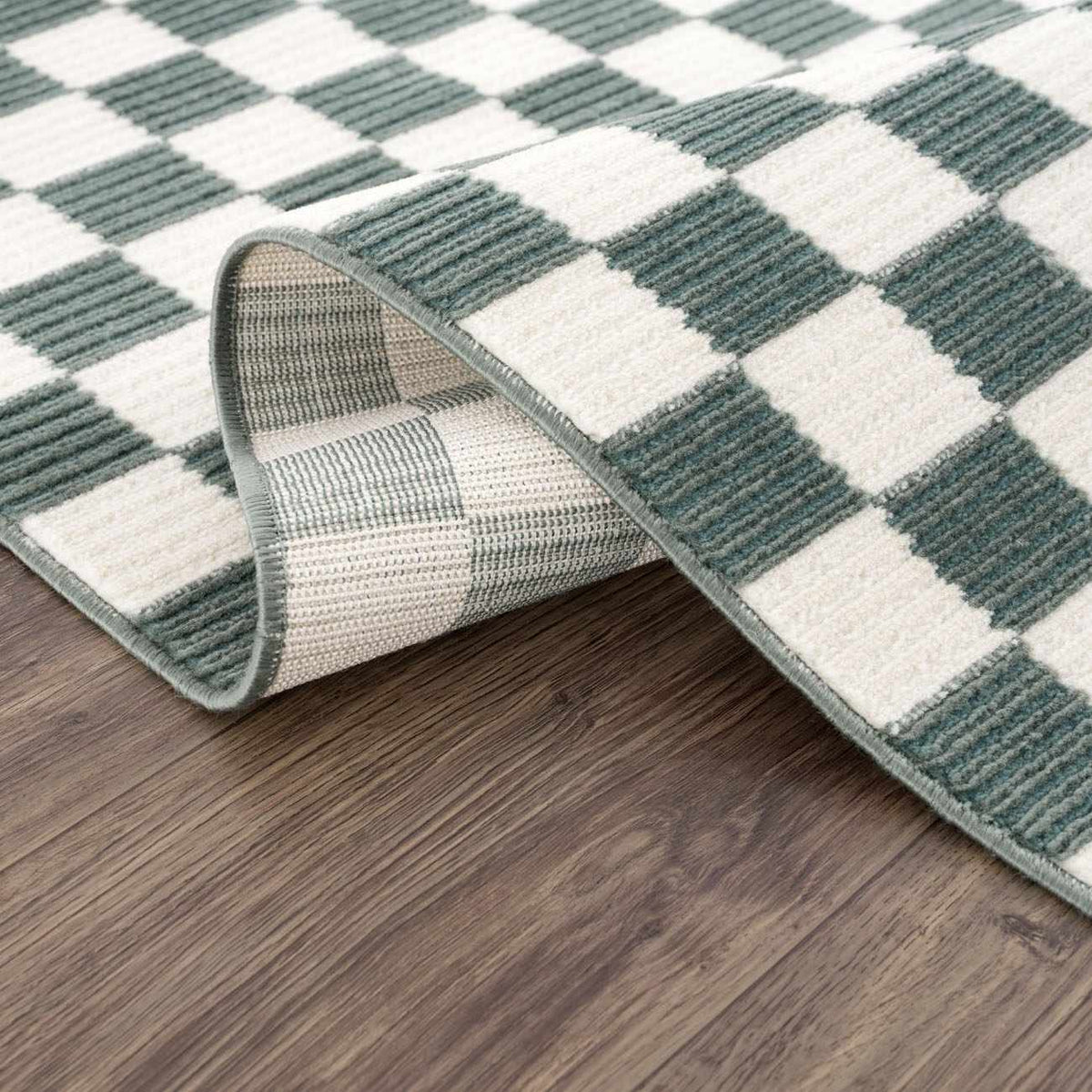 Kaysar Oil Green Checkered Washable Area Rug