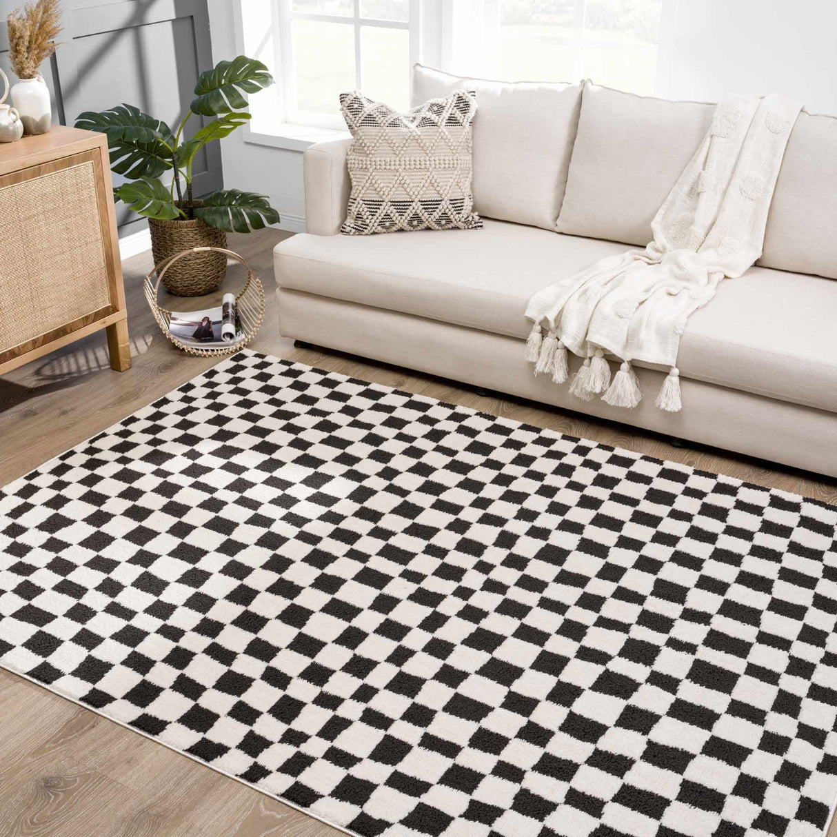 Lajos Black & White Checkered Plush Rug