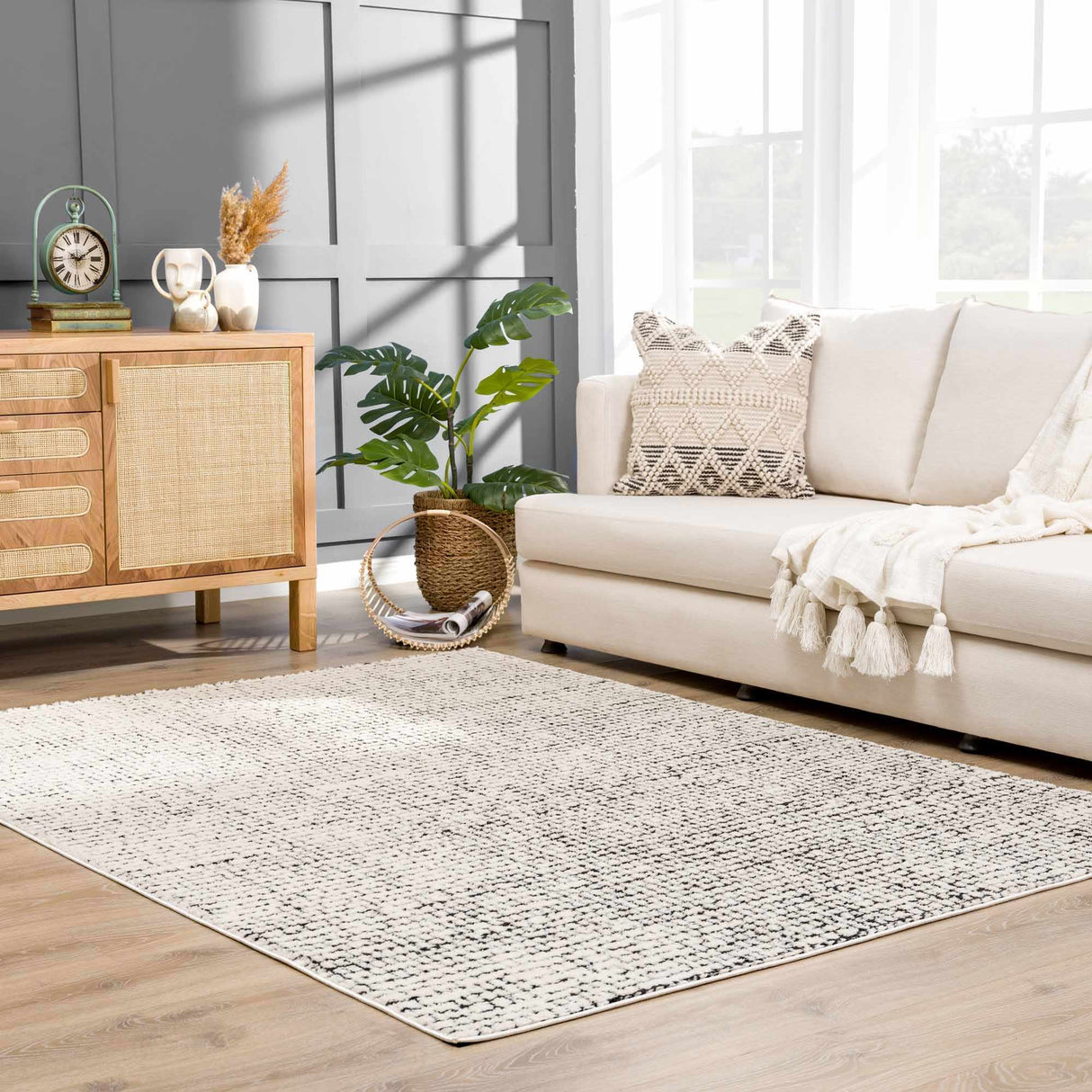 Keita Cream & Black Grid Plush Rug