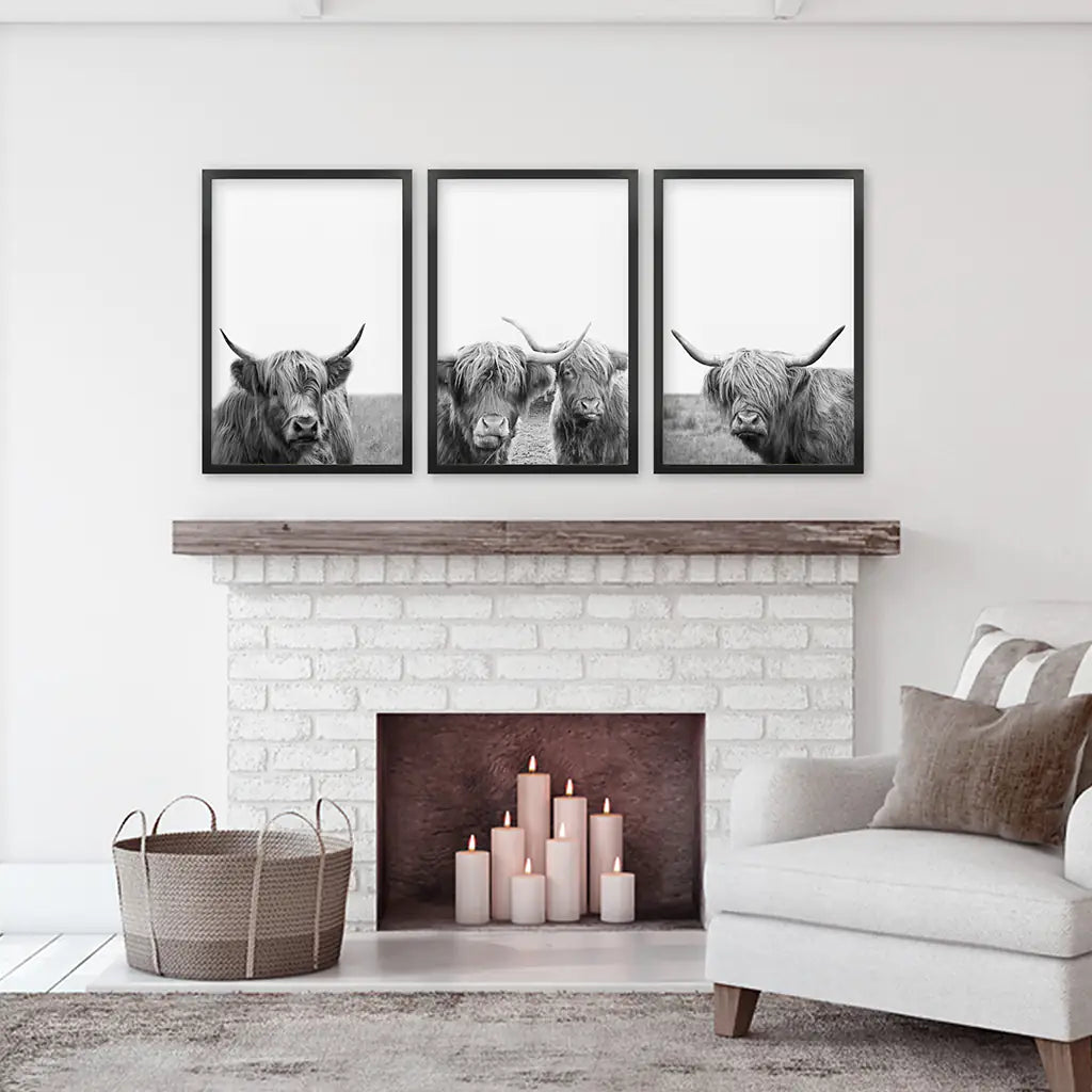 Black White Highland Cow Photo. 3 Piece Wall Art