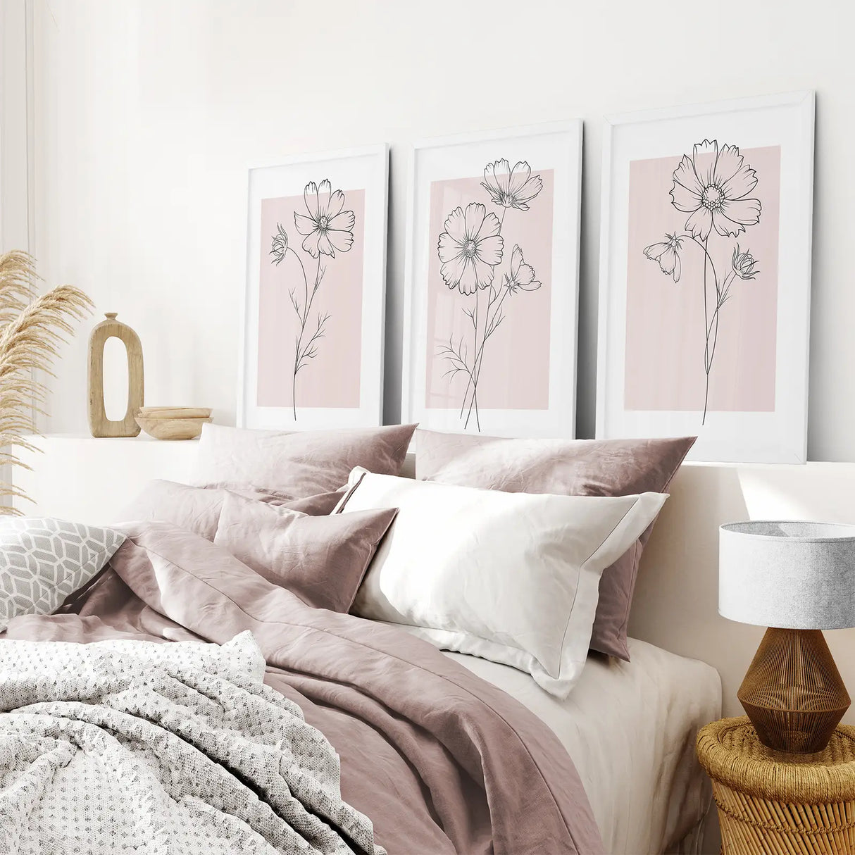 Pink Wall Art Set Of 3 Botanical Modern Decor