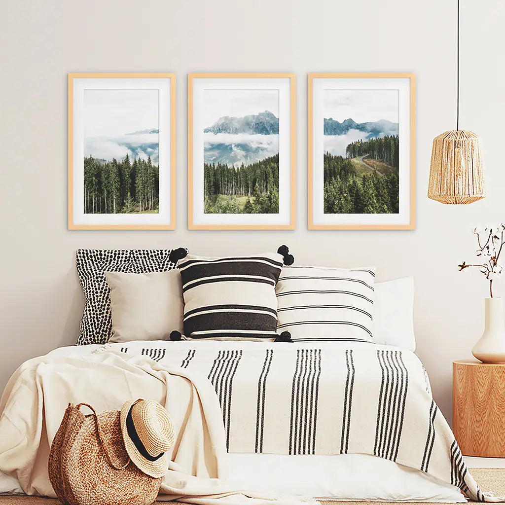 Green Pine Tree Forest. Blue Foggy Mountains. Set of 3 Prints
