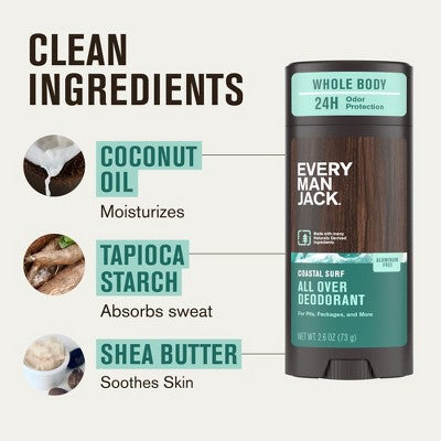 Every Man Jack All Over Solid Deodorant Coastal Surf 2.6oz - Imperfect Container