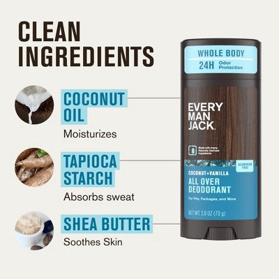 Every Man Jack All Over Solid Deodorant Coconut + Vanilla 2.6oz - New