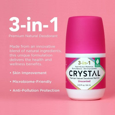 Crystal 3-in-1 Natural Mineral Roll-On Deodorant Unscented 2.25 fl oz - New