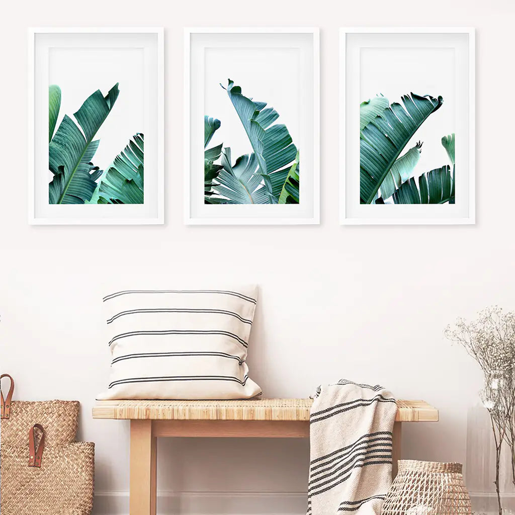 Green Banana Leaves 3 Piece Set. Tropical Wall Art