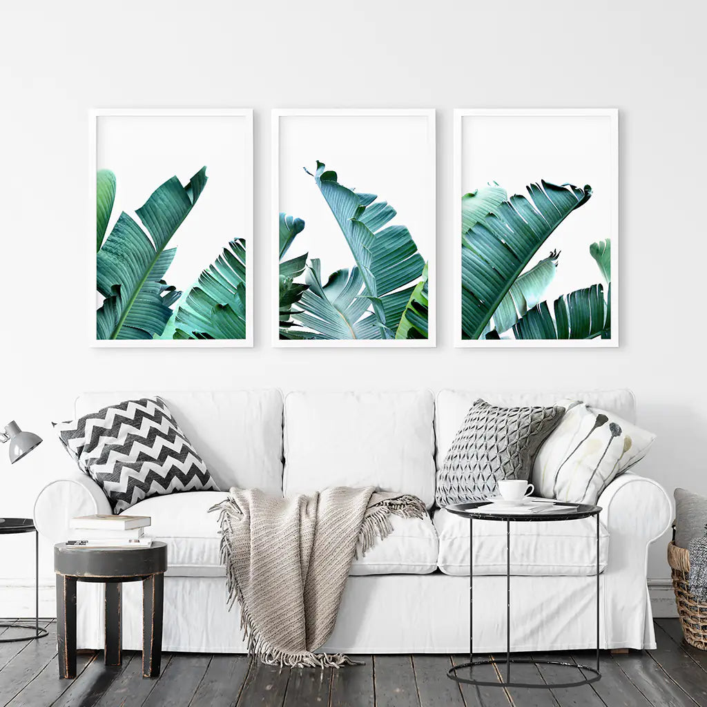 Green Banana Leaves 3 Piece Set. Tropical Wall Art