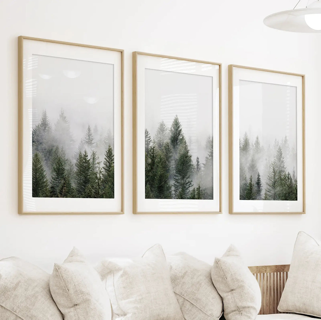 Pine Tree Foggy Forest Triptych. Nordic Wall Decor