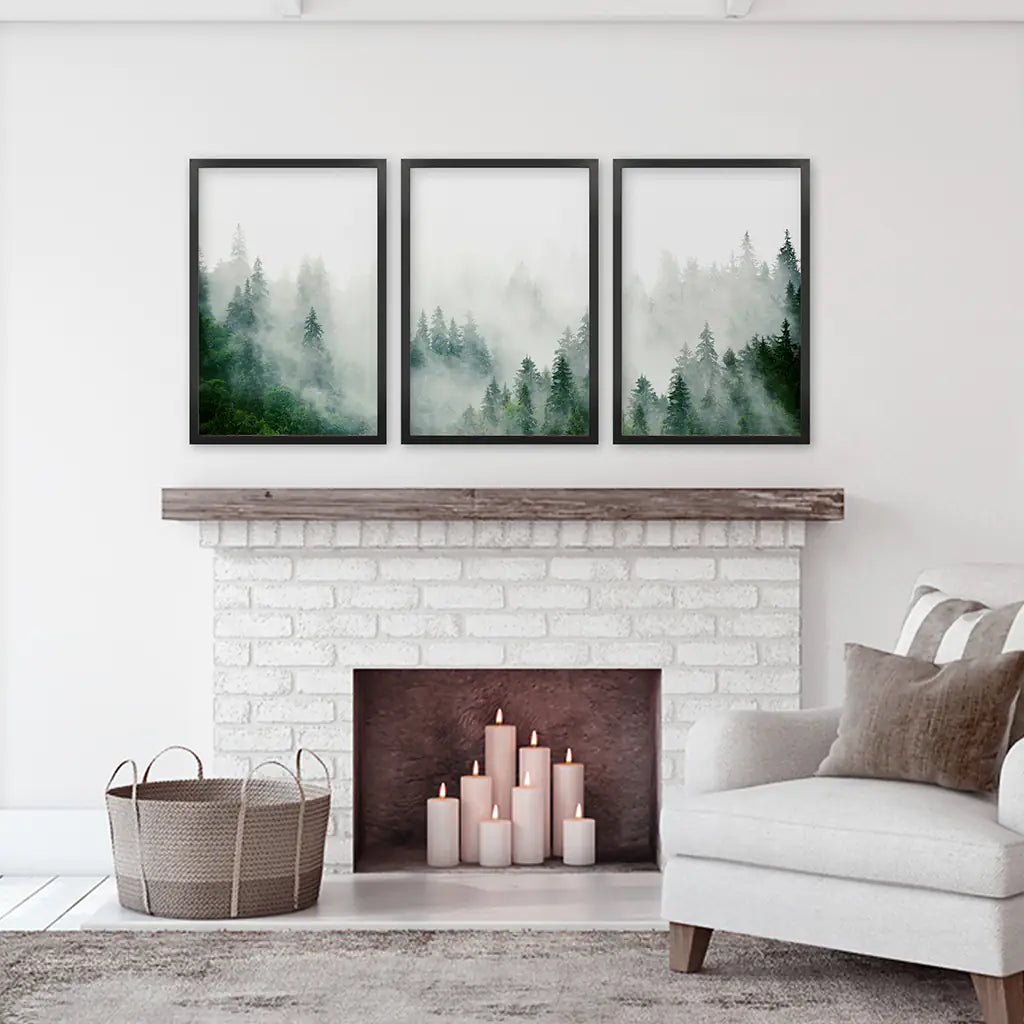 Evergreen Misty Forest Triptych. Set of 3 Prints