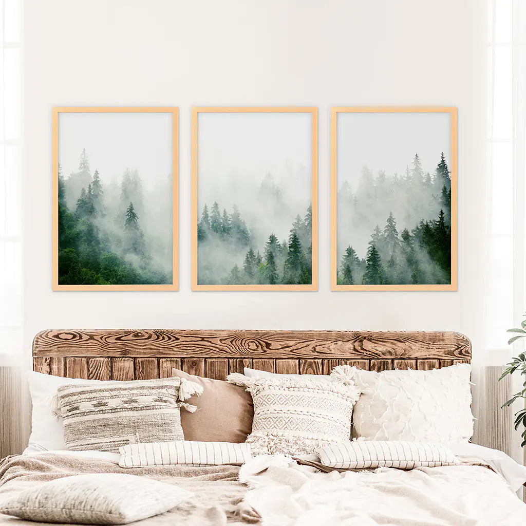 Evergreen Misty Forest Triptych. Set of 3 Prints