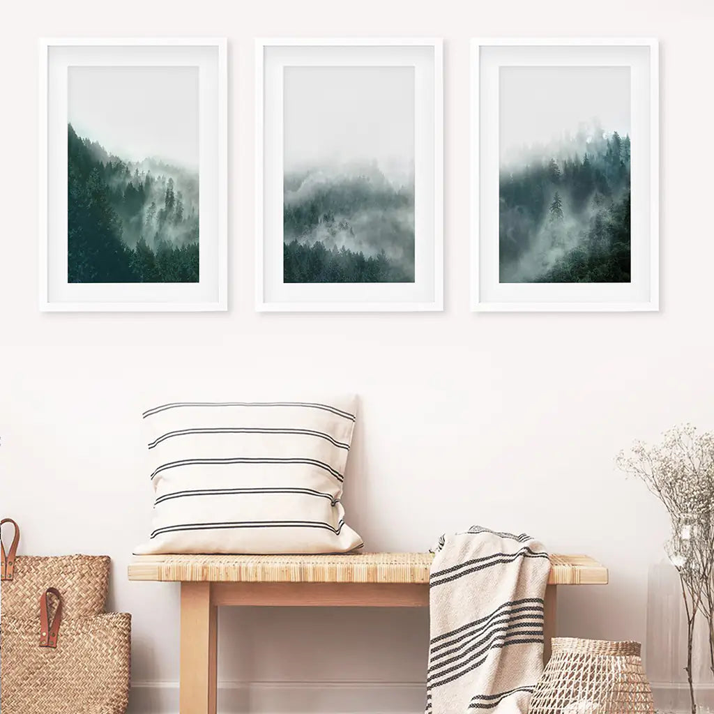 Large Foggy Forest Wall Art Set. Scandinavian Decor