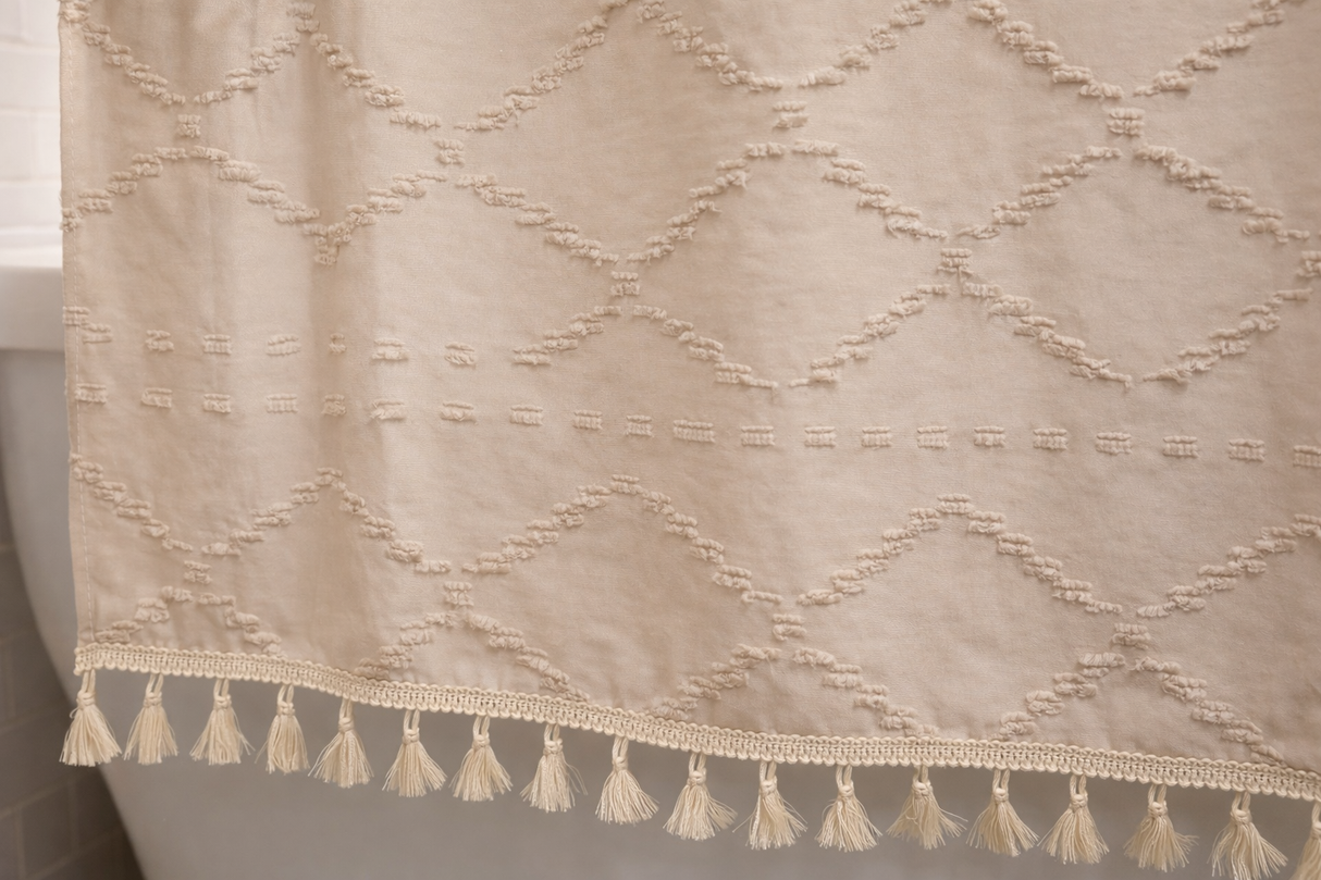 Beige Tufted Shower Curtain 72x72 with Tassels and Water-Resistant Coating