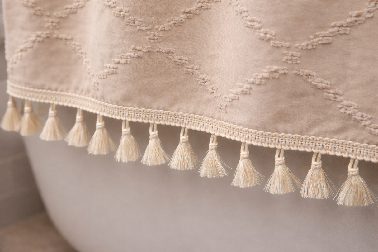 Beige Tufted Shower Curtain 72x72 with Tassels and Water-Resistant Coating