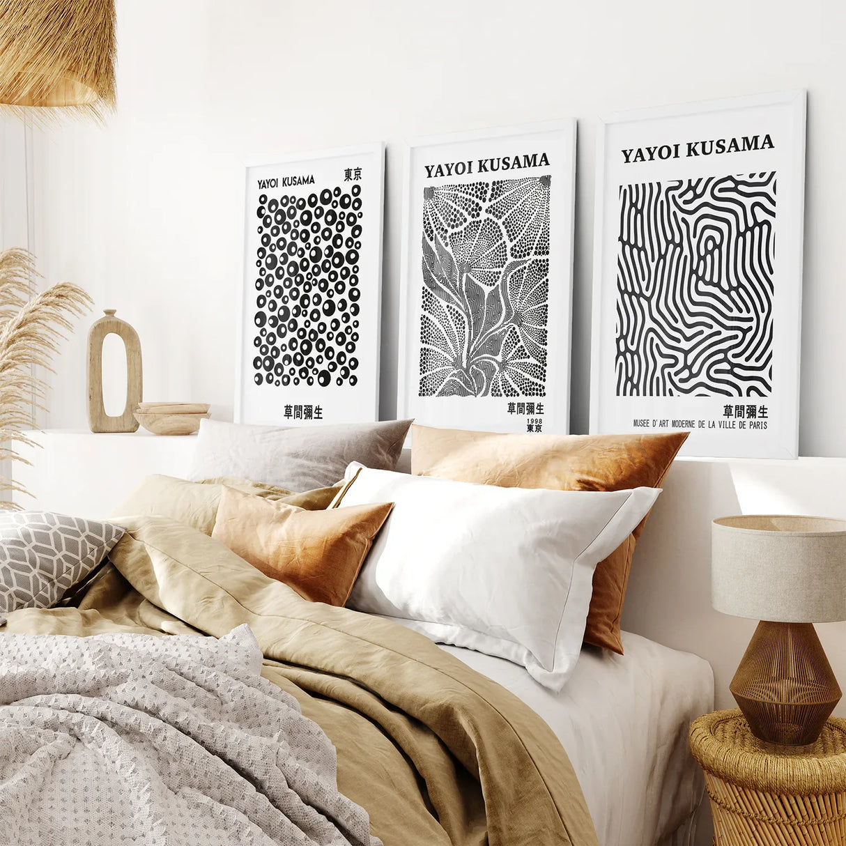 Black White set of 3 Piece Abstract Kusama Art