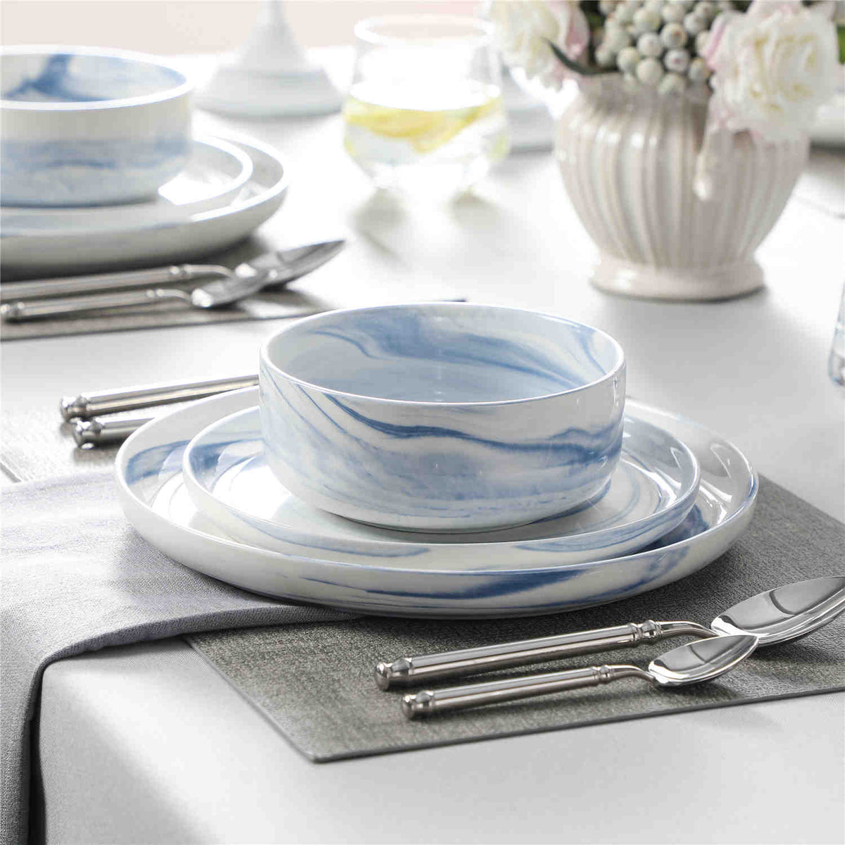 Luna Marble Blue 12 Piece Dinnerware Set