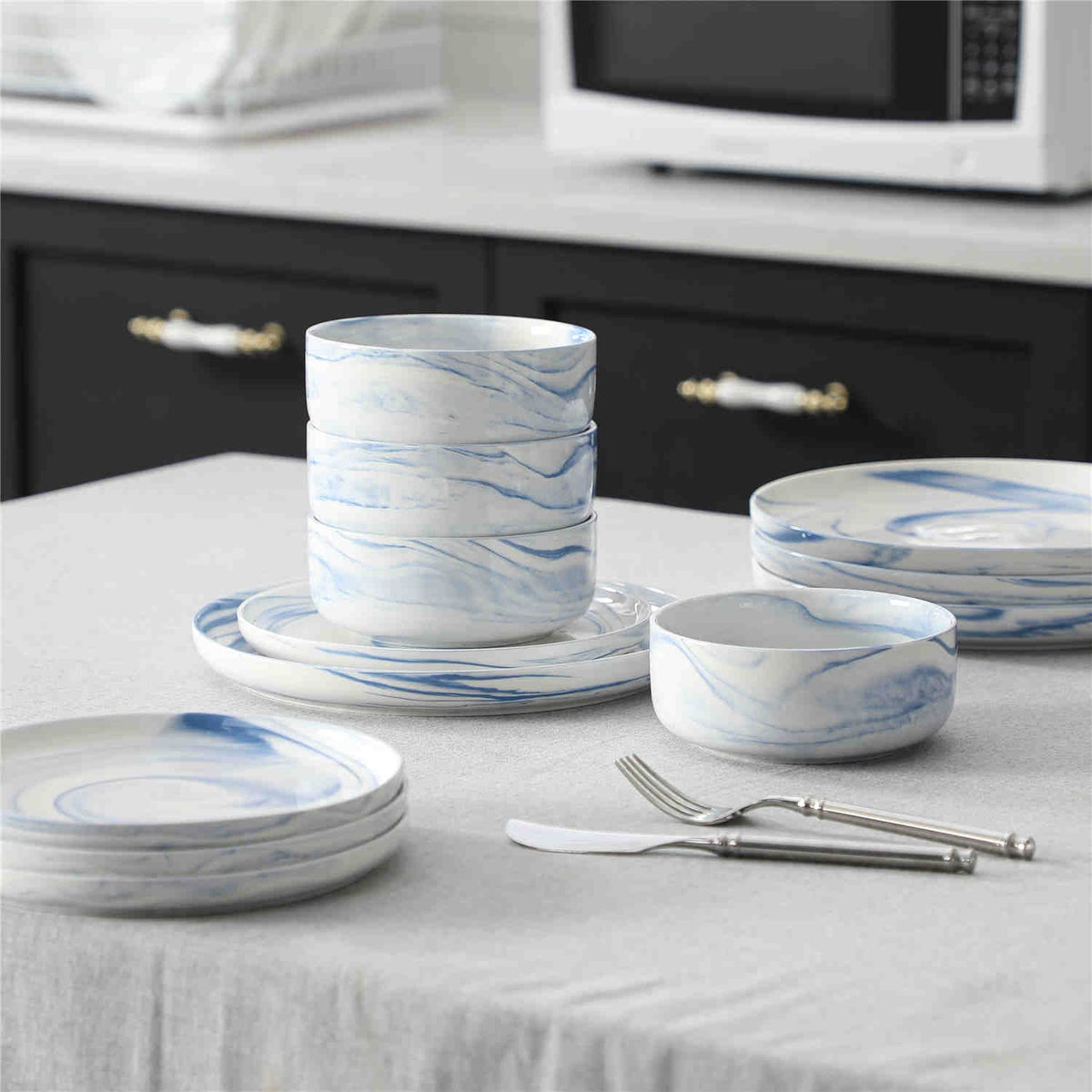 Luna Marble Blue 12 Piece Dinnerware Set