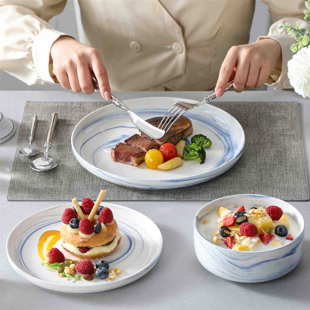 Luna Marble Blue 12 Piece Dinnerware Set