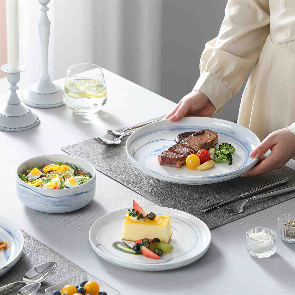 Luna Marble Blue 12 Piece Dinnerware Set