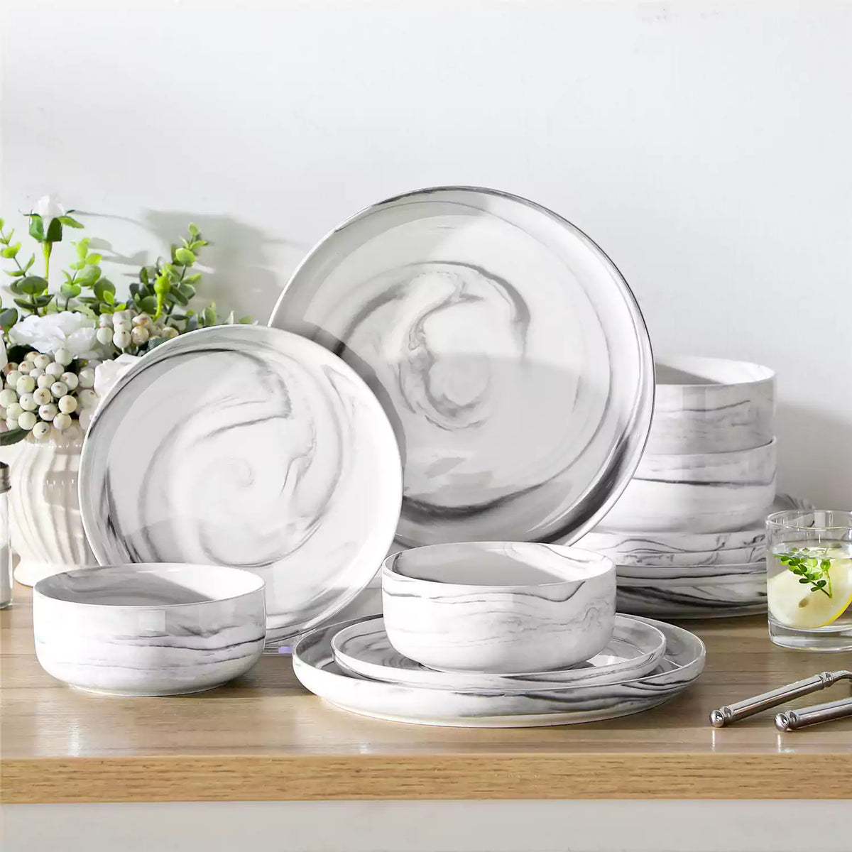 Luna Marble Grey 24 Piece Dinnerware Set for 8